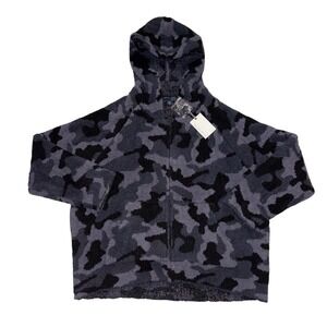 NWT Barefoot Dreams CozyChic Camo Hoodie Indigo Multi Sz 1X Fluffy Warm Zip Gray